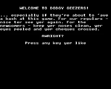 Dodgy Geezers (19xx)(Melbourne House)[h TSTH] screen shot title